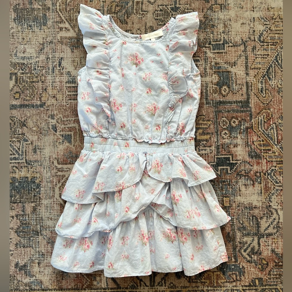 LoveShackFancy Floral Ruffle Dress - Light Blue and Pink